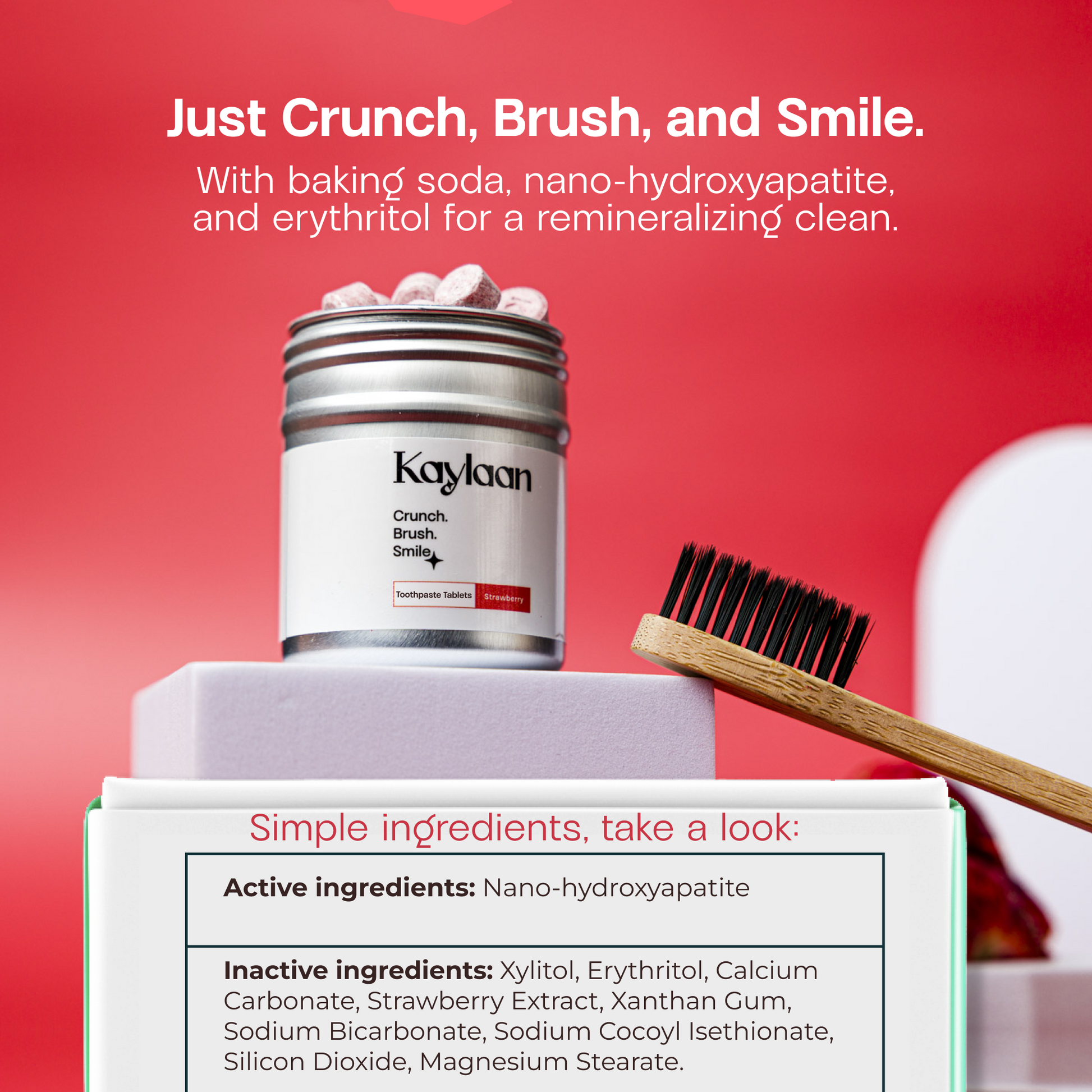 Non-fluoride strawberry toothpaste tablets jar, wooden toothbrush, and box front