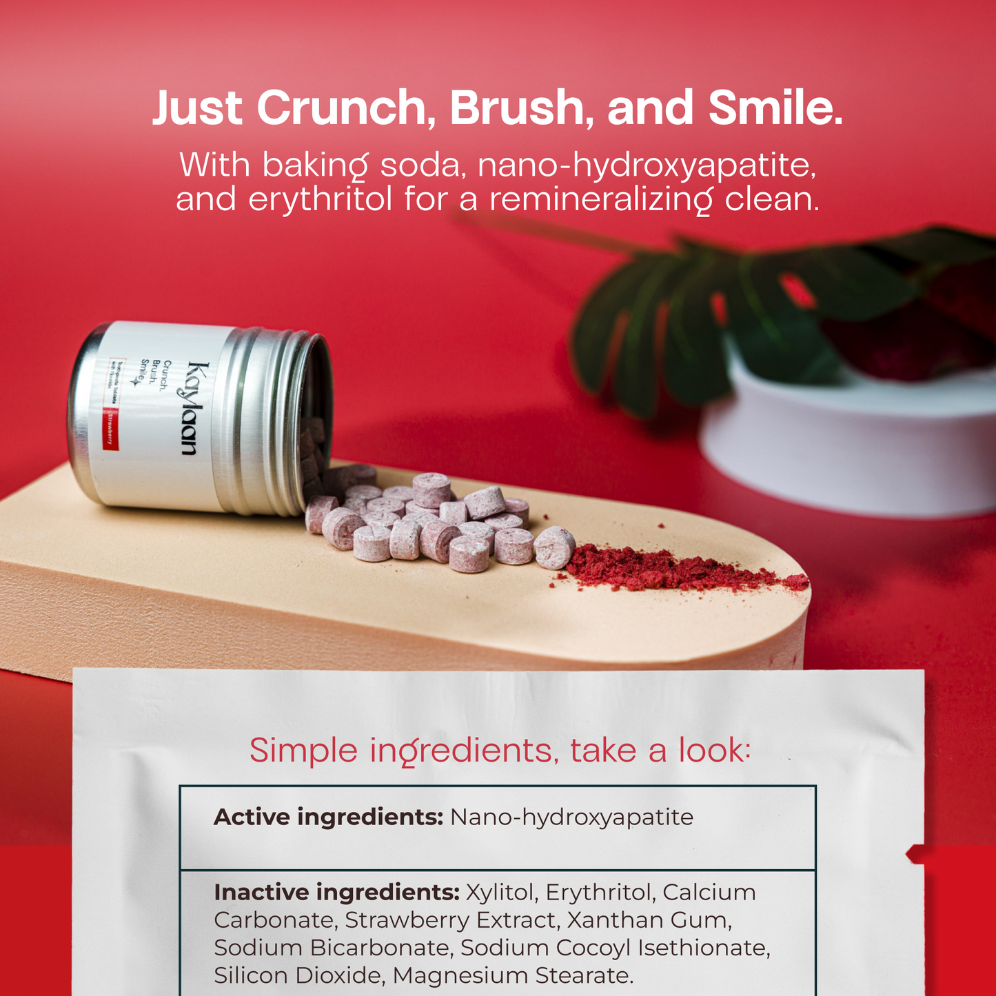 Strawberry toothpaste tablet refill with tablet pieces and pouch packaging