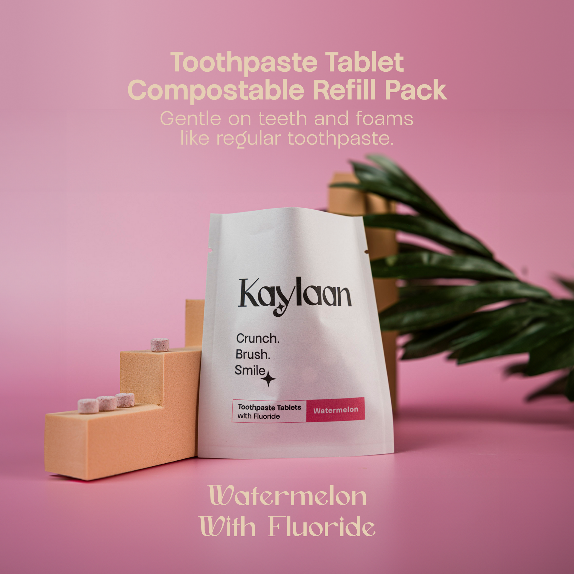 Kaylaan compostable refill pouch for toothpaste tablets, watermelon flavor, fluoride