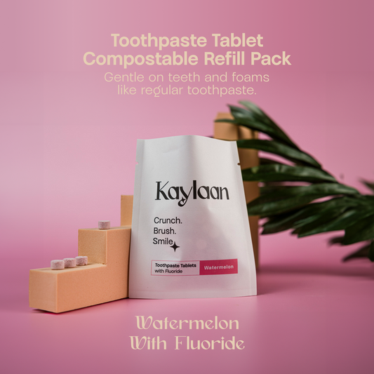 Kaylaan compostable refill pouch for toothpaste tablets, watermelon flavor, fluoride
