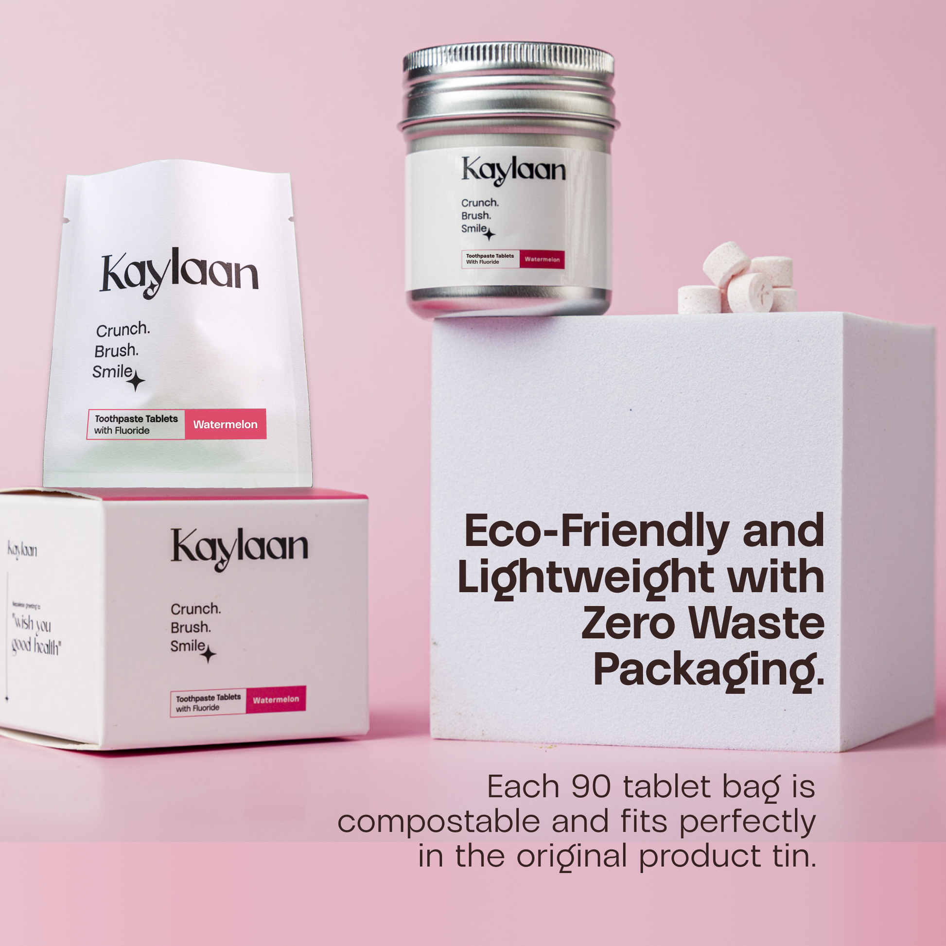Kaylaan lightweight zero-waste packaging set with refill tin and tablet pouch