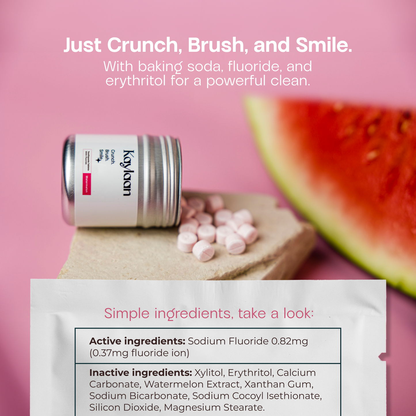 Kaylaan toothpaste tablet tin with small pink tablets for fluoride