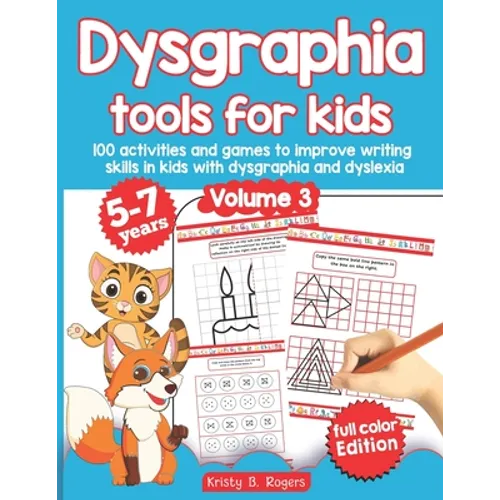 Children’s dysgraphia tools paperback cover with blue layout, cartoon animals, and writing worksheets