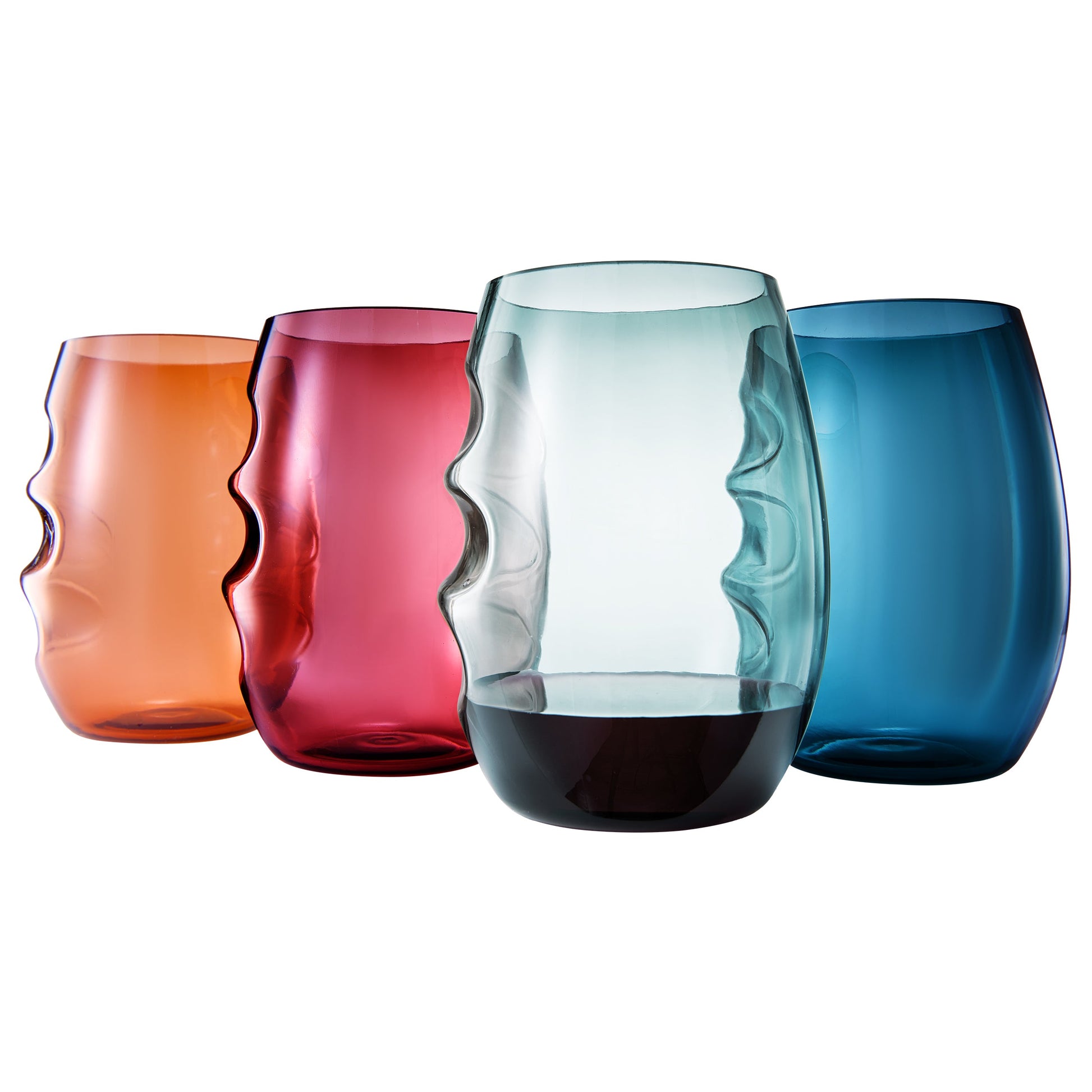 Finger-indented stemless acrylic wine glasses, set of 4: amber, pink, teal, blue