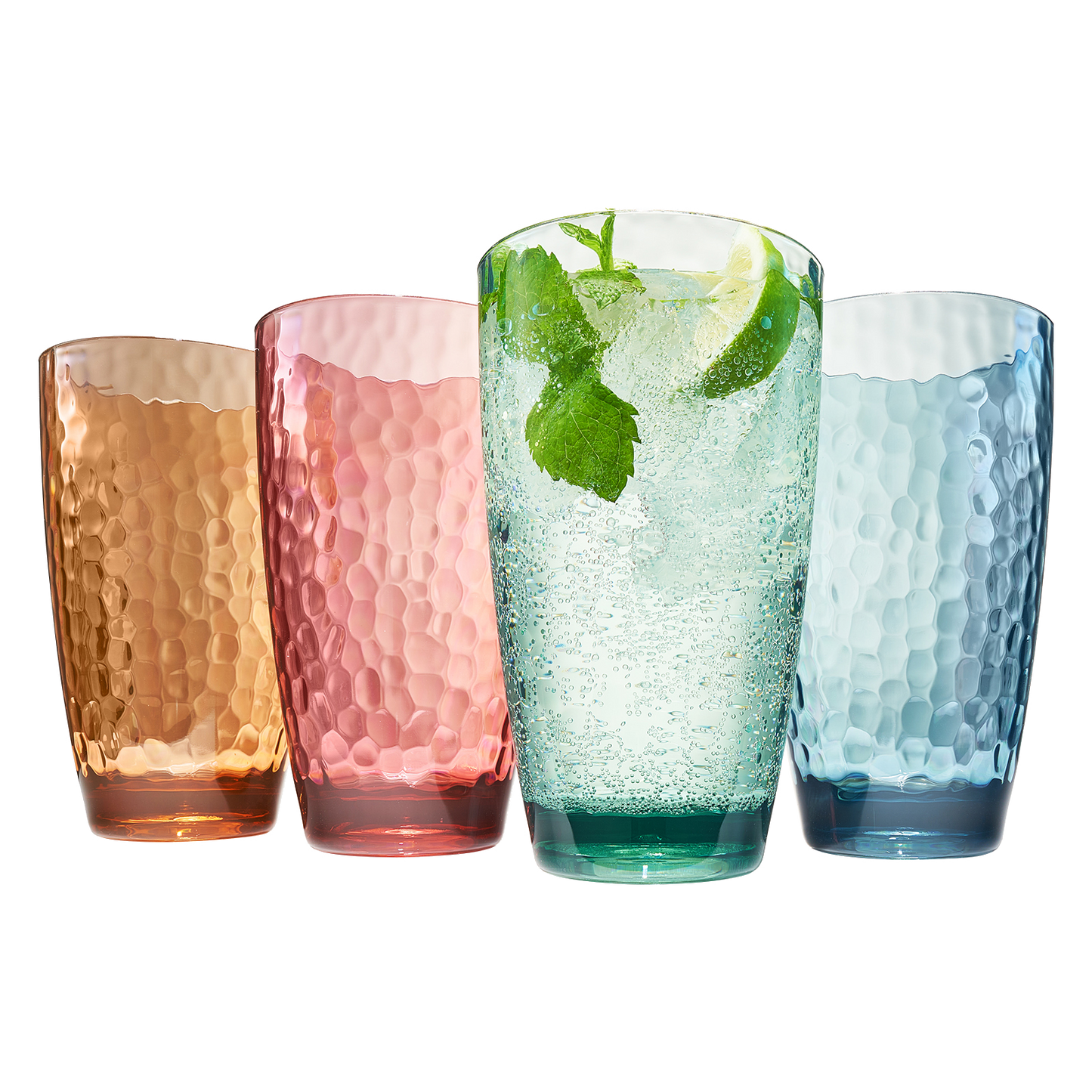 Set of four acrylic highball glasses in brown, pink, green, and blue tones