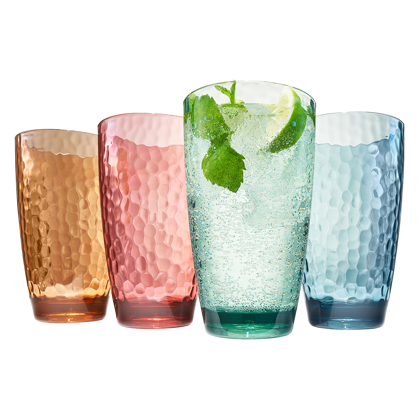 Set of four acrylic highball glasses in brown, pink, green, and blue tones