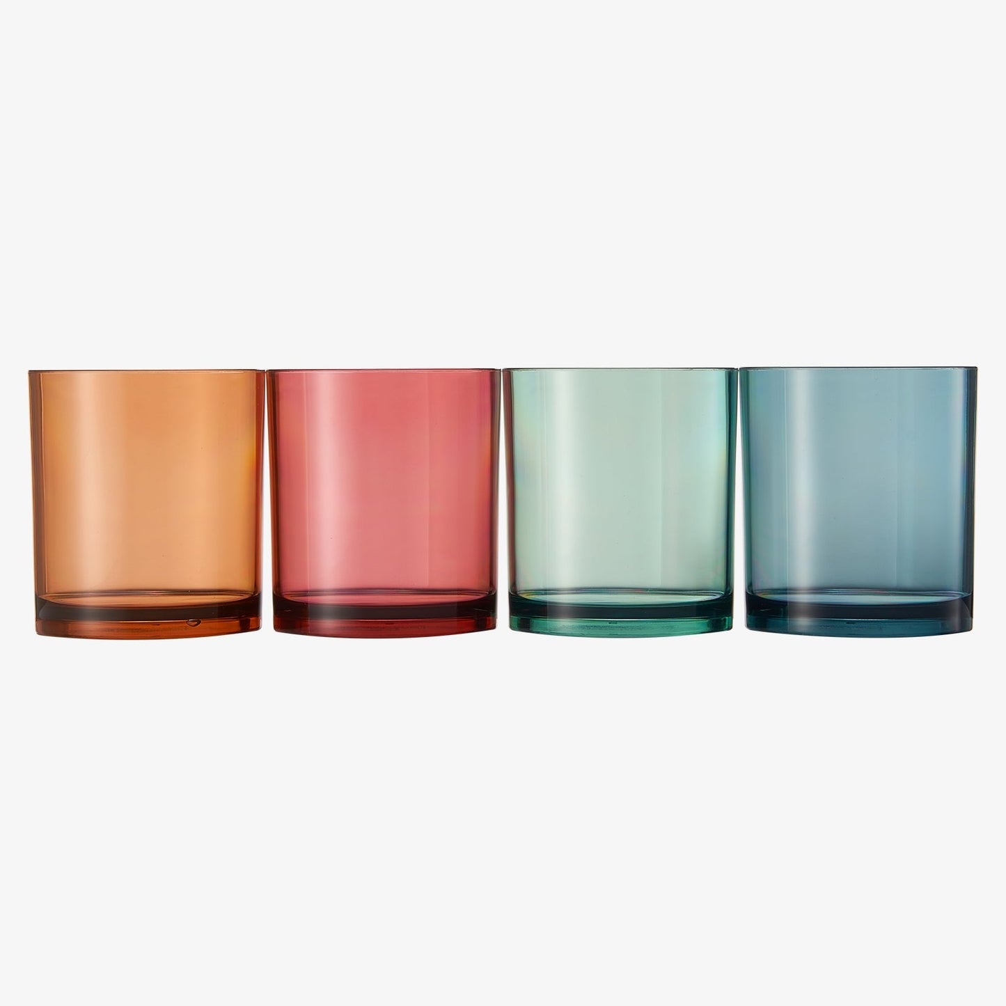 Four acrylic lowball glasses with amber, red, green, and blue translucent colors