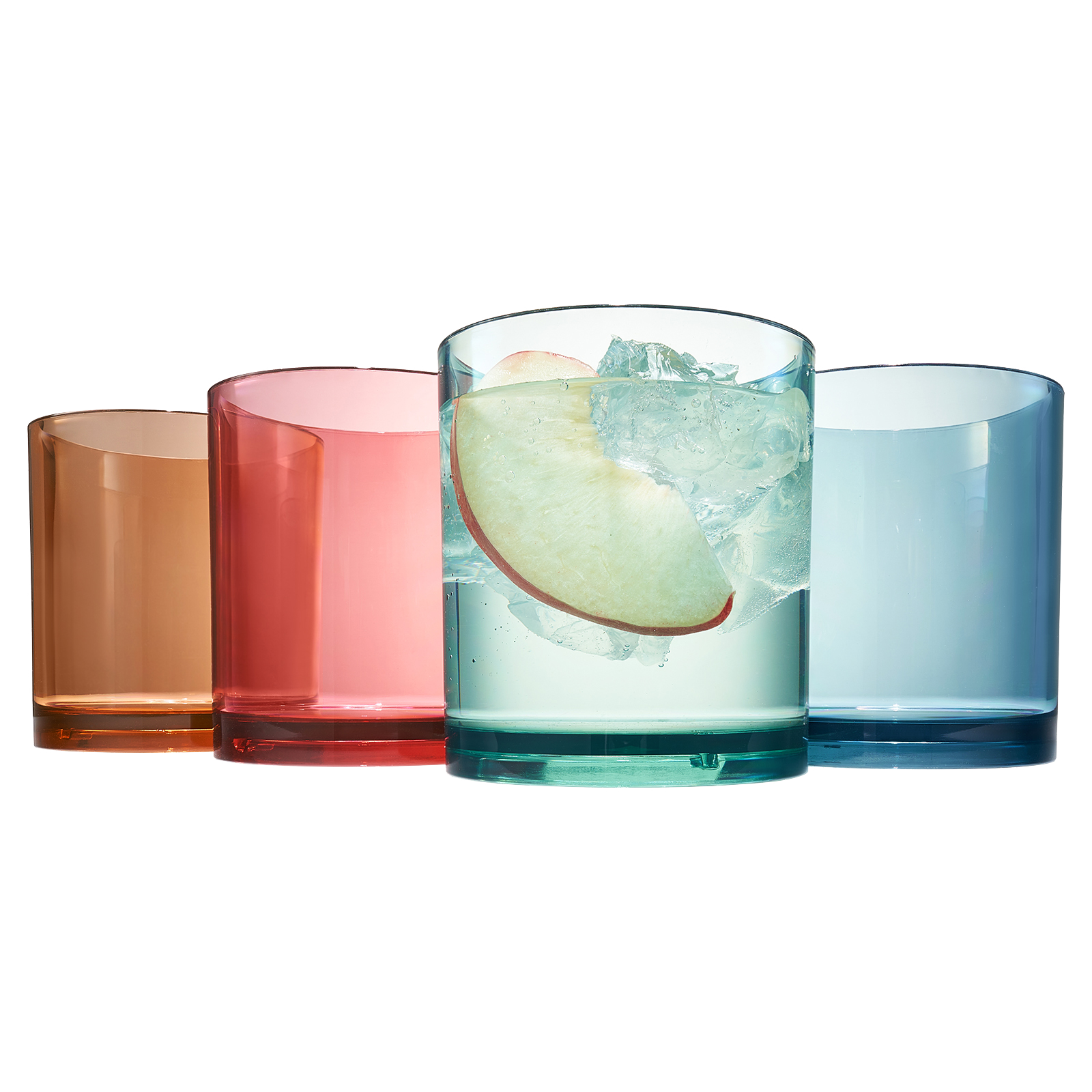 Acrylic lowball glasses with ice, in amber, red, green, and blue translucent tones