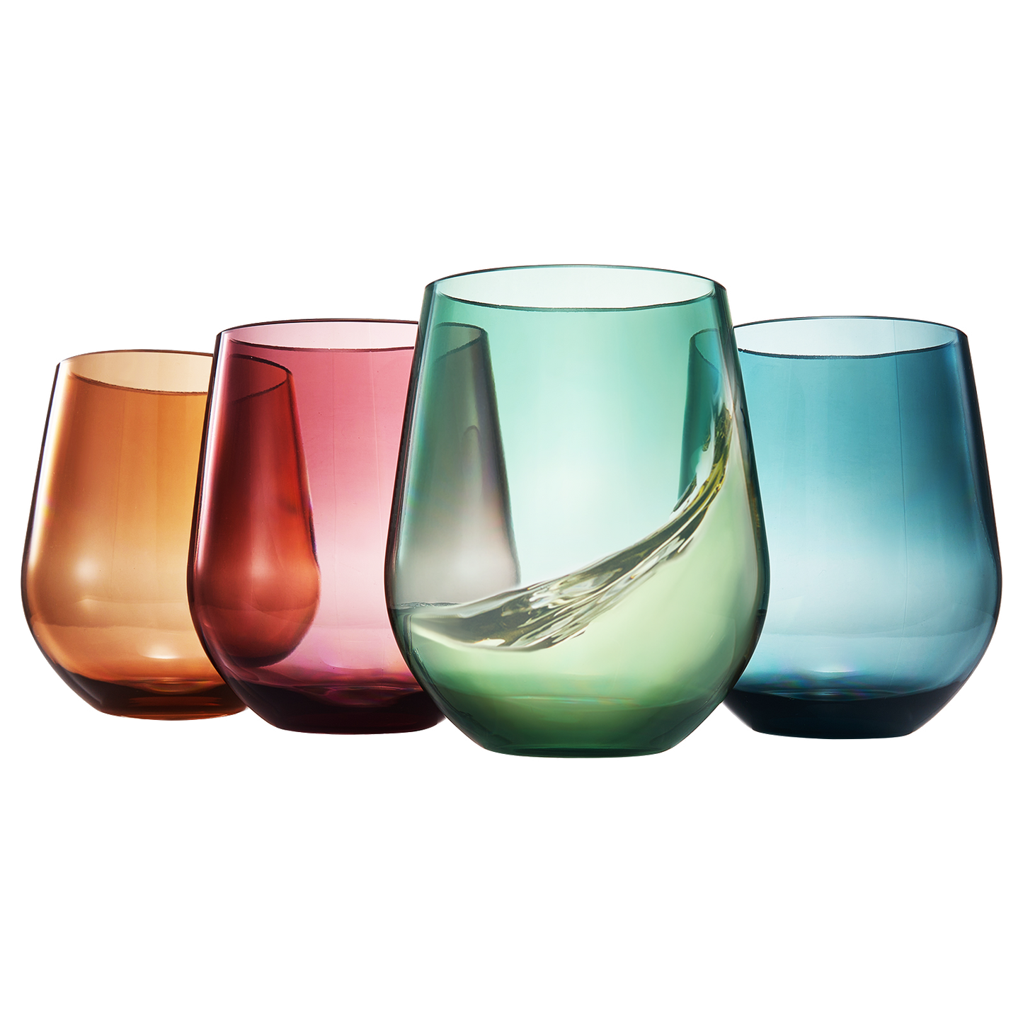 Stemless acrylic wine glasses set of 4 in amber, red, green, and blue.