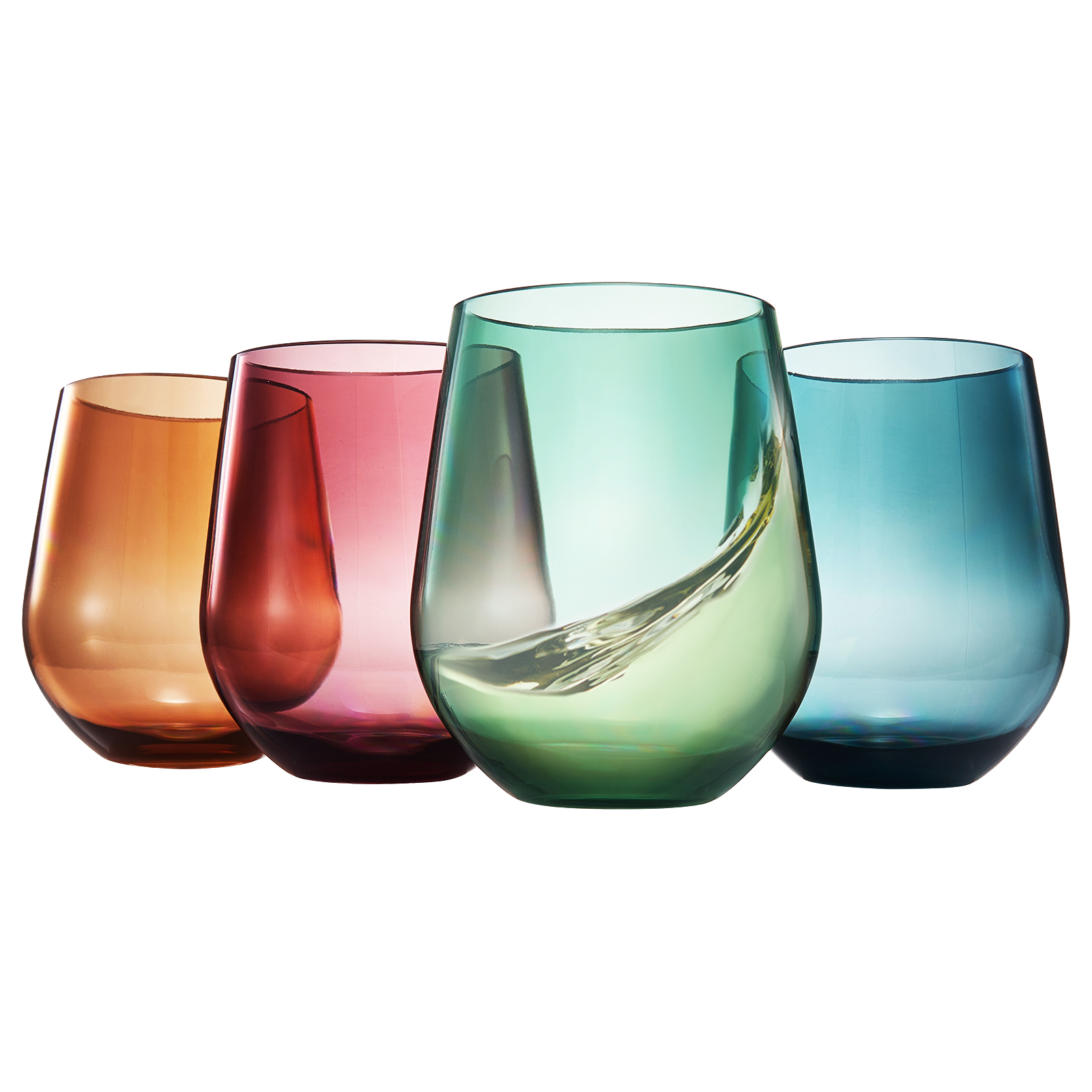 Stemless acrylic wine glasses set of 4 in amber, red, green, and blue.
