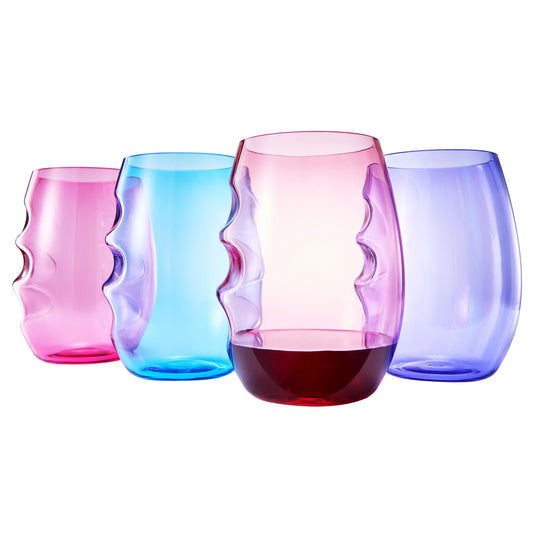 Set of 4 acrylic stemless wine glasses with finger-indented sides in assorted colors
