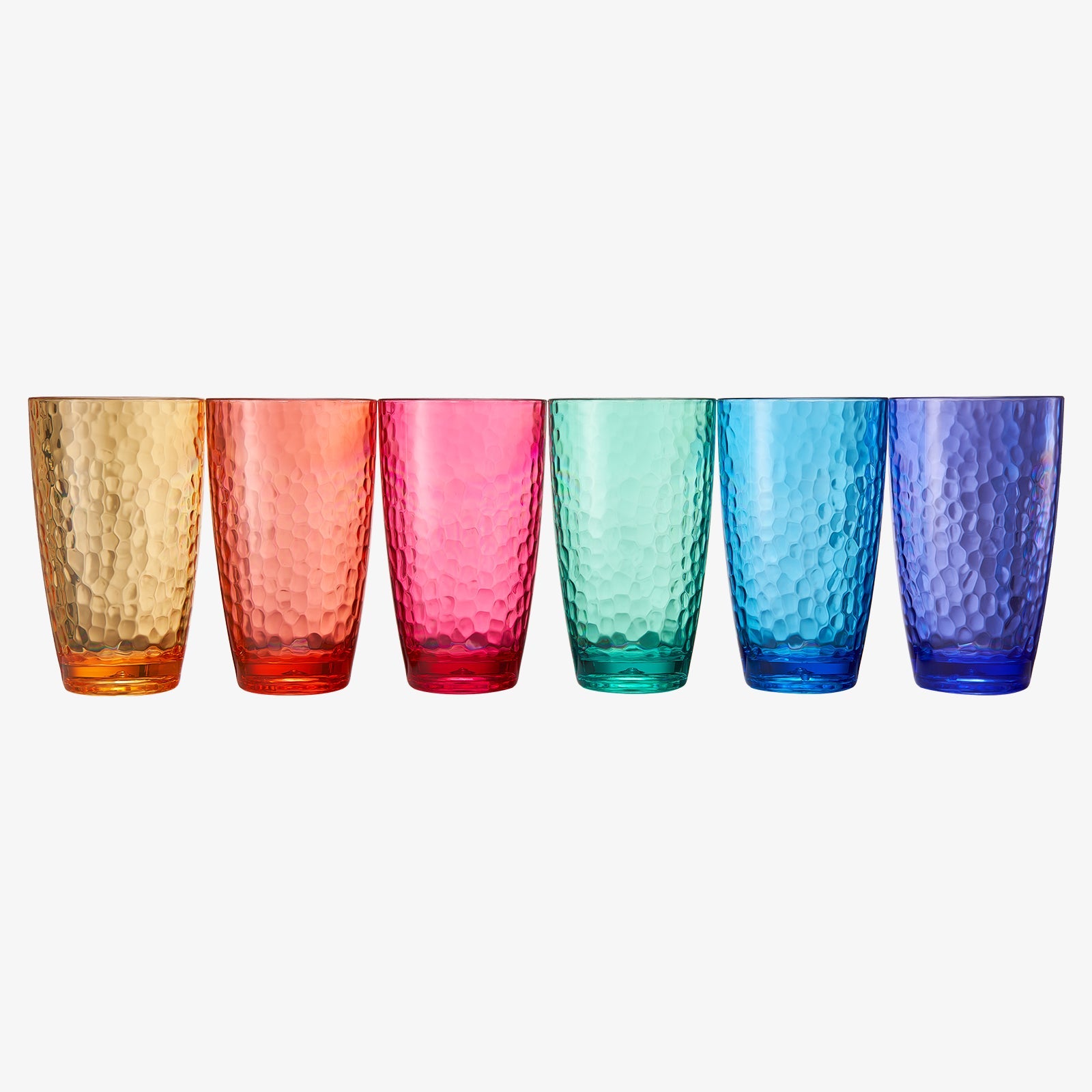 Set of 6 colored acrylic highball glasses with hammered texture, lined up