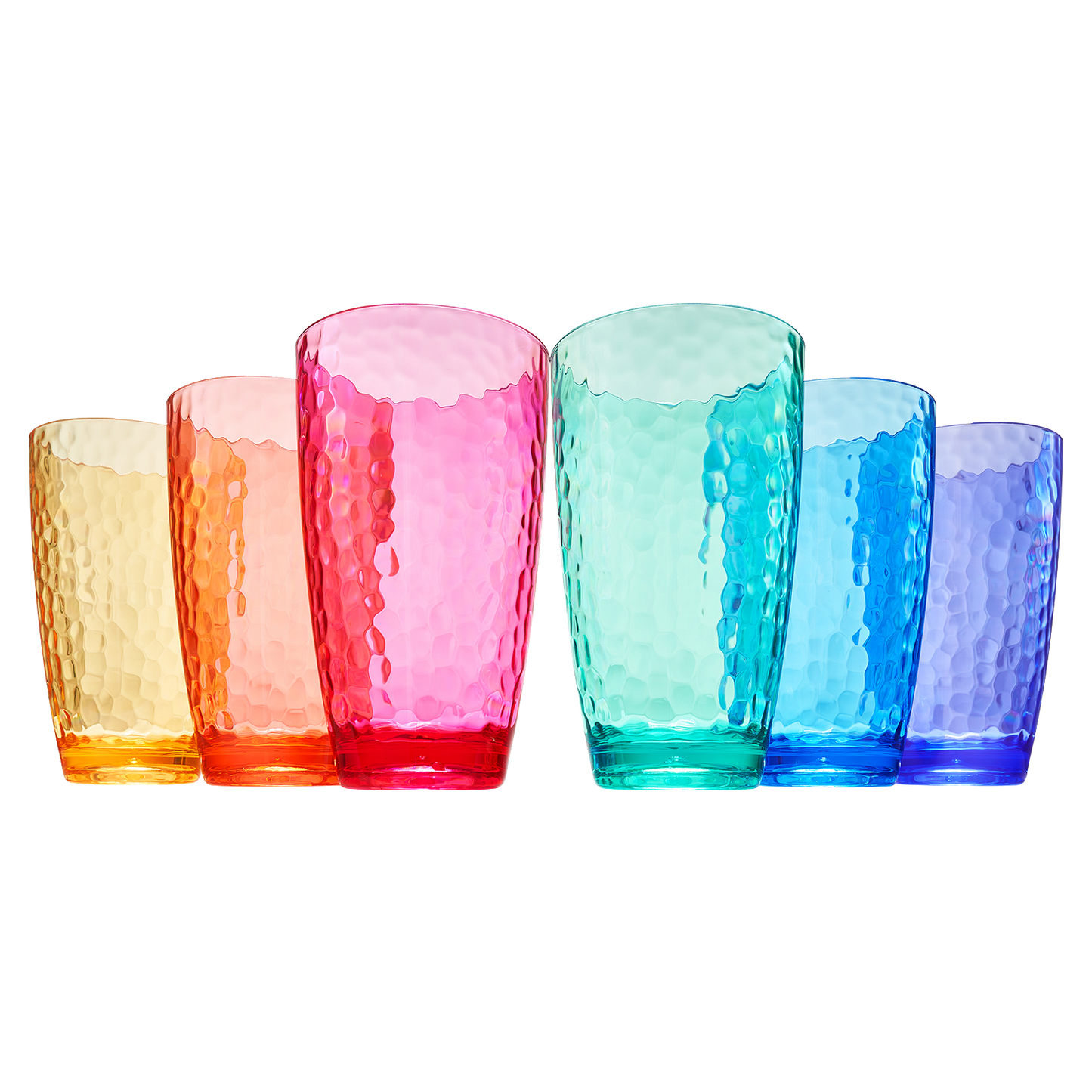 Colored acrylic highball glasses, set of 6, stacked in pink, red, teal, blue, purple, orange