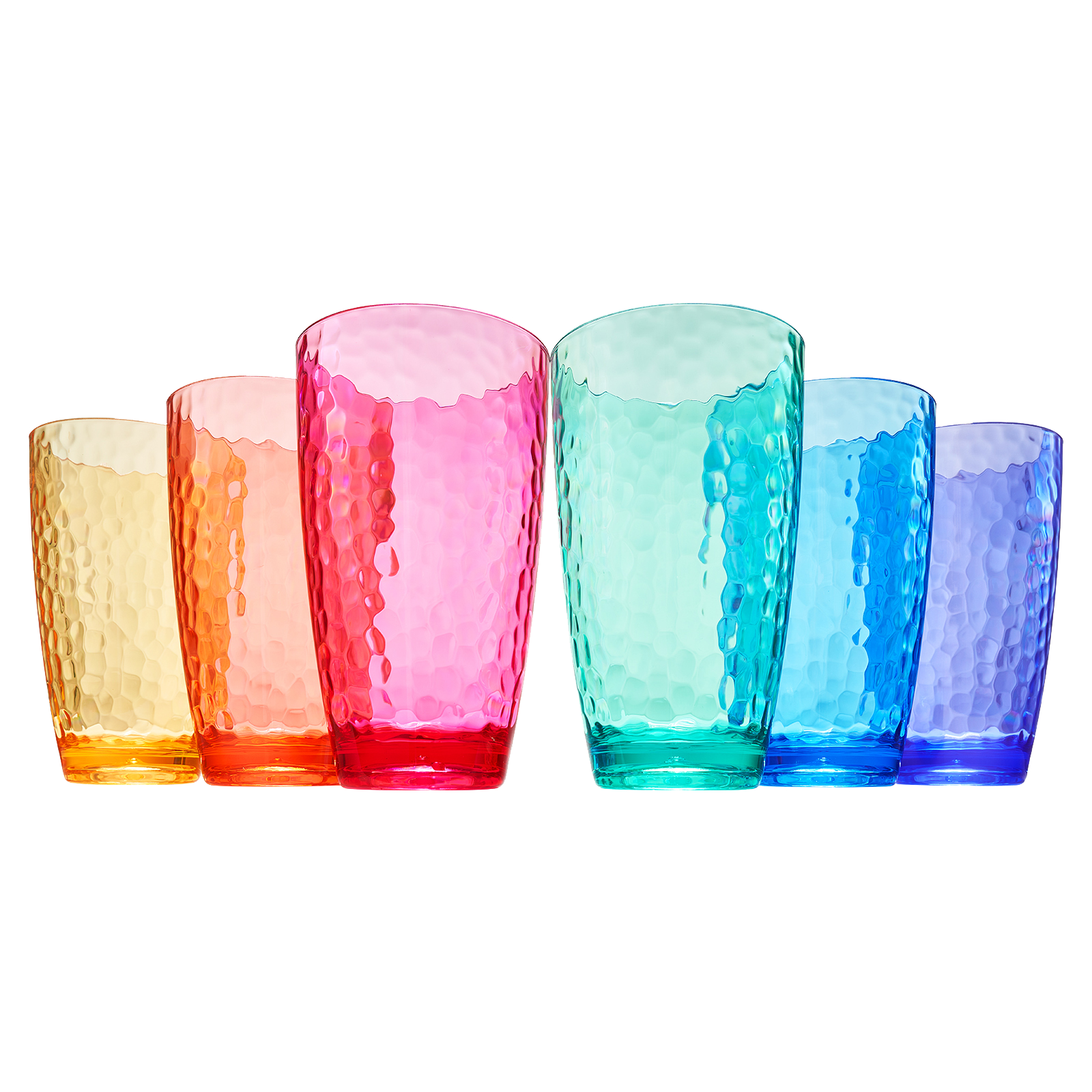Colored acrylic highball glasses, set of 6, stacked in pink, red, teal, blue, purple, orange