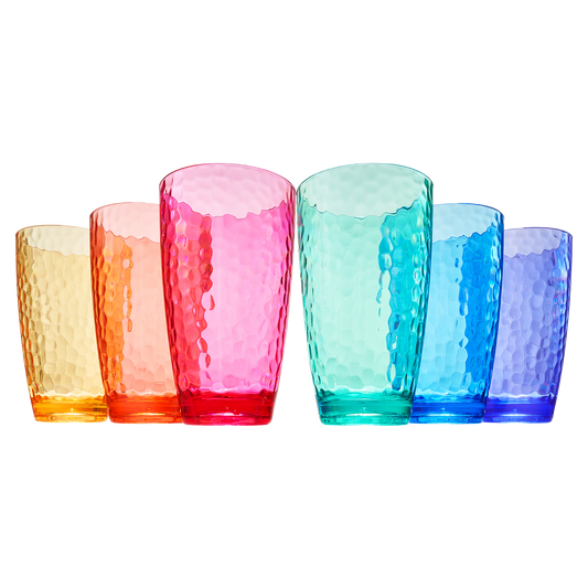 Colored acrylic highball glasses, set of 6, stacked in pink, red, teal, blue, purple, orange