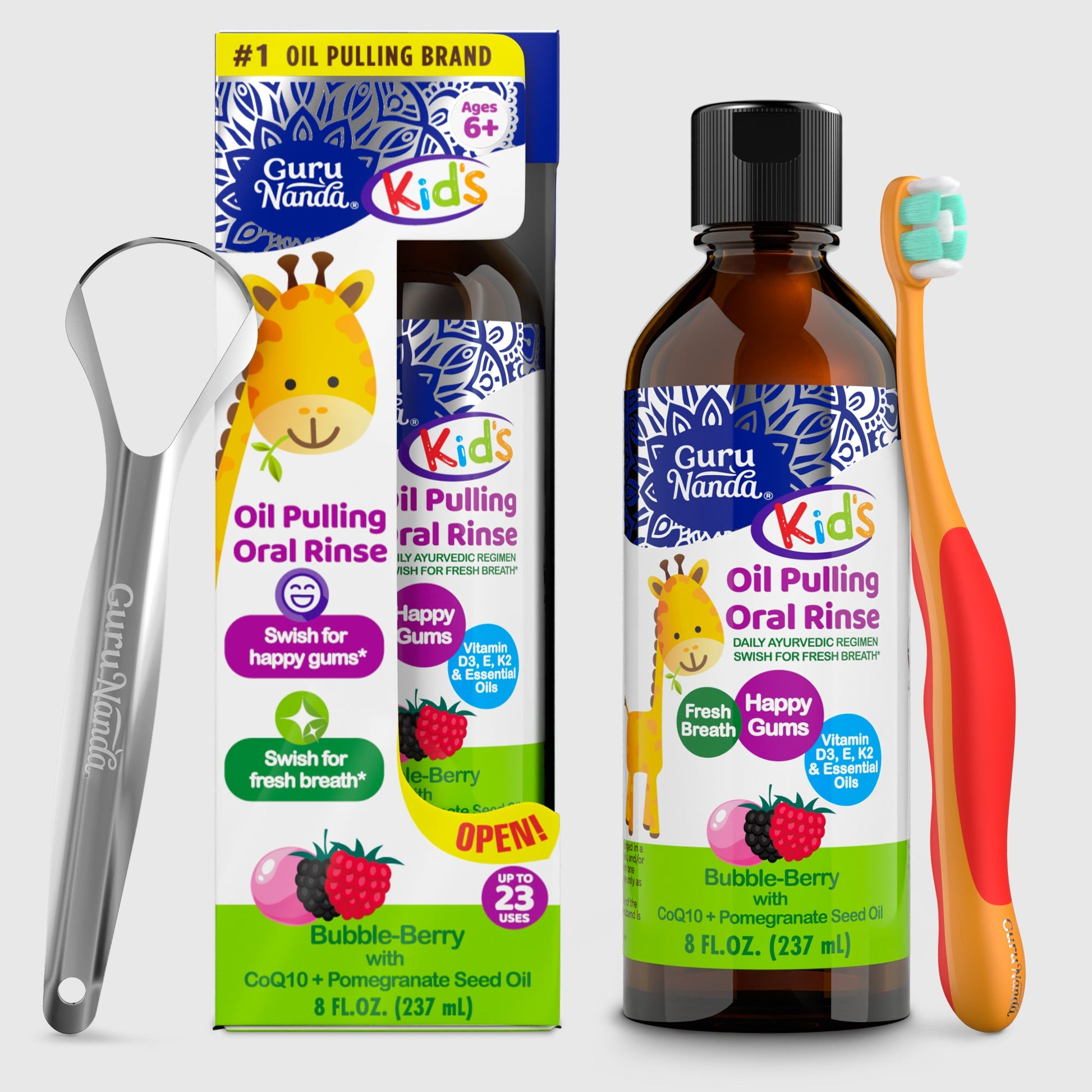 Kids oil pulling oral rinse bundle: Bubble-Berry bottle, box, and toothbrush