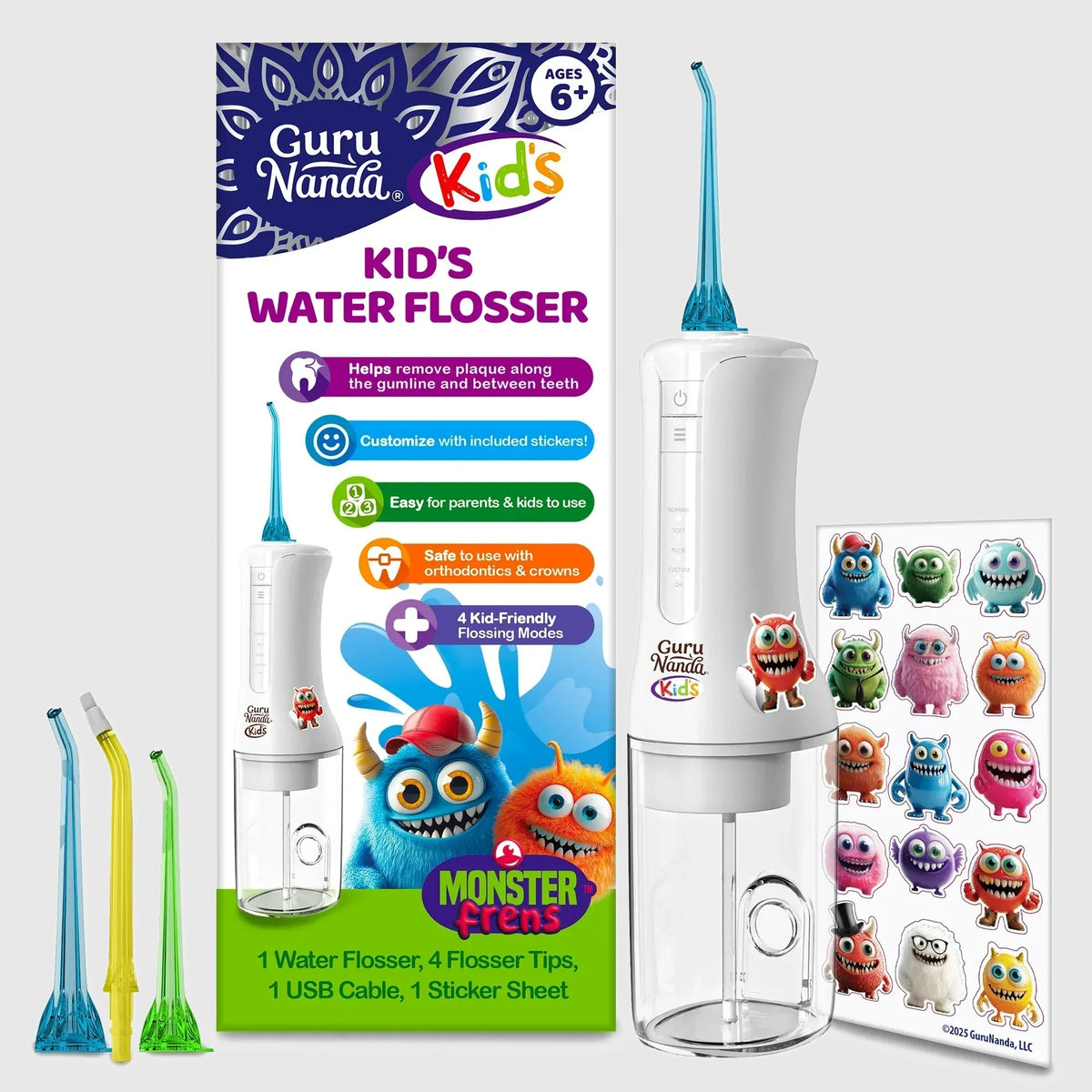 Kids water flosser kit with white handheld device, blue nozzle, and monster sticker set