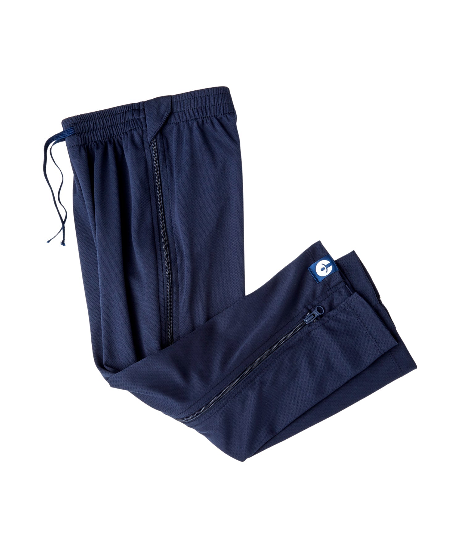 Navy blue pants with zippers on a white background