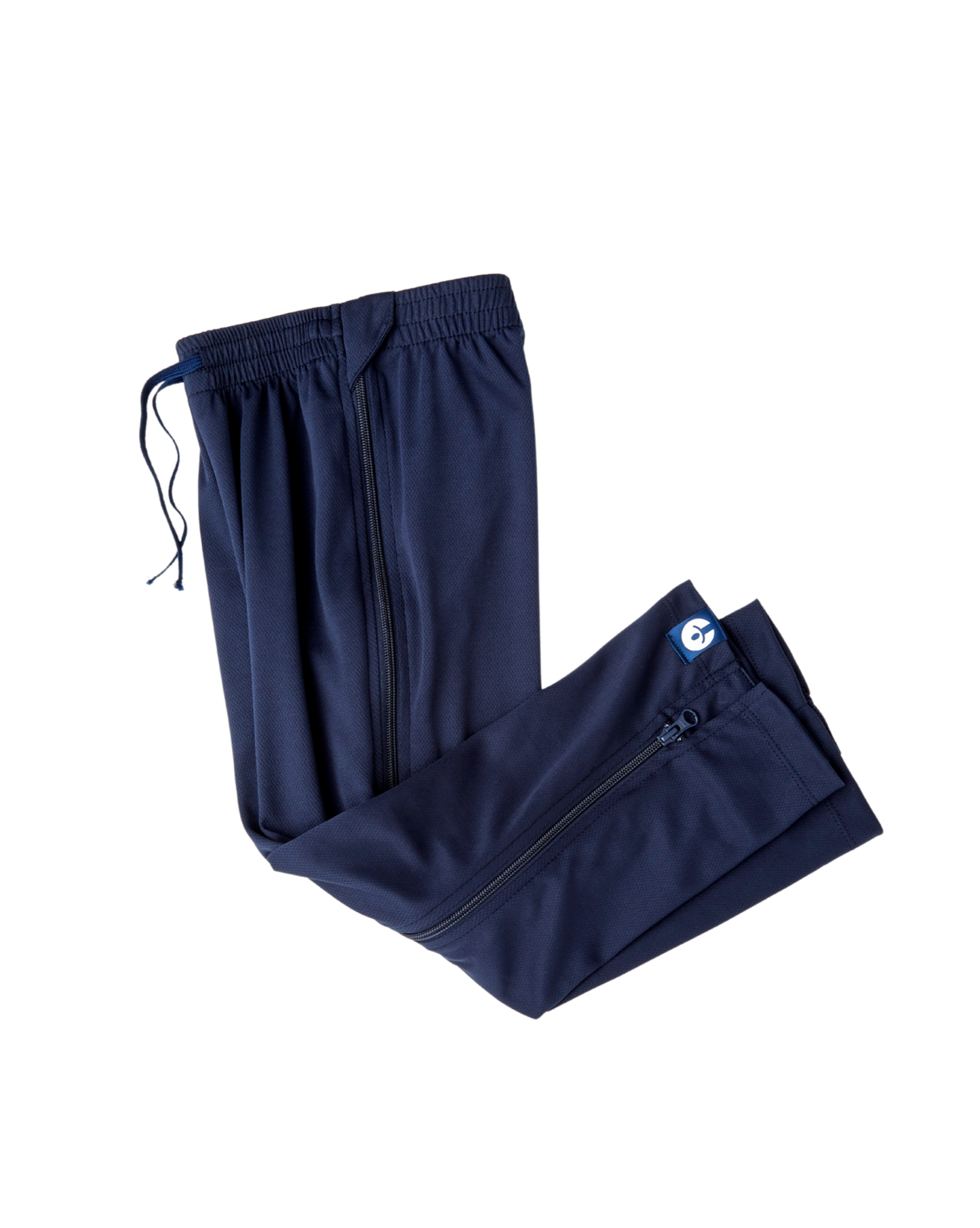 Navy blue pants with drawstring on a white background