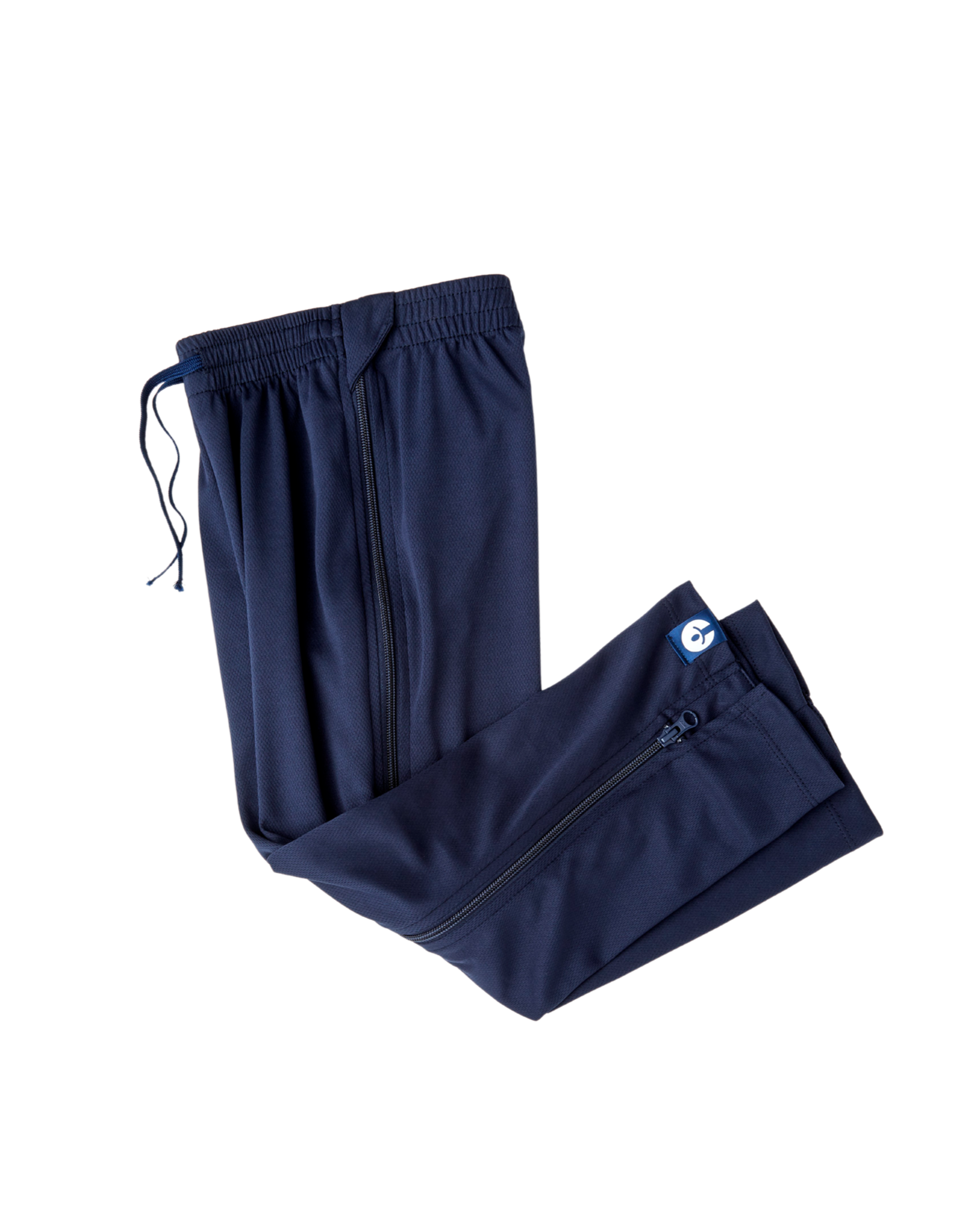 Navy blue pants with drawstring on a white background