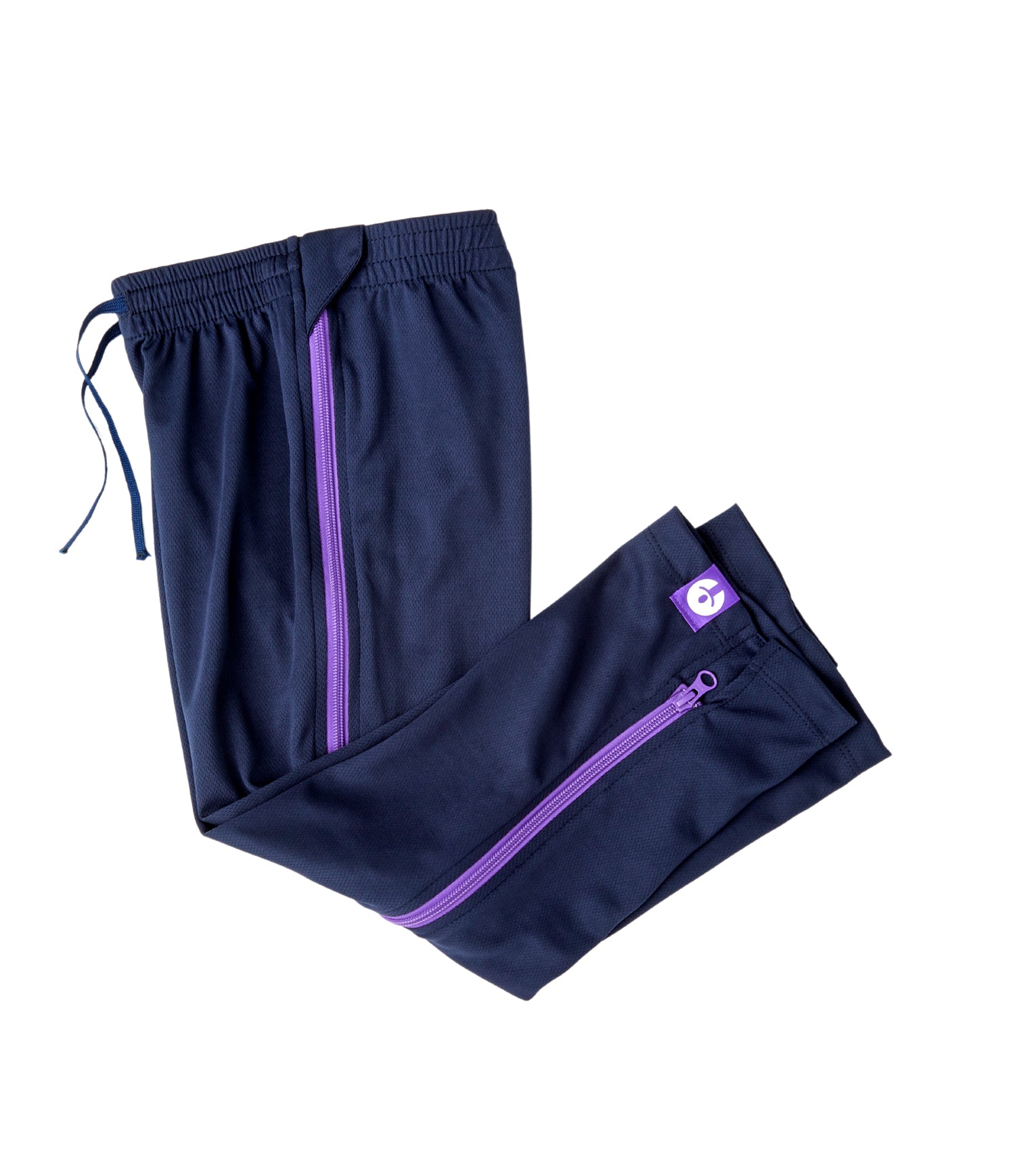 Navy blue pants with purple zippers on a white background