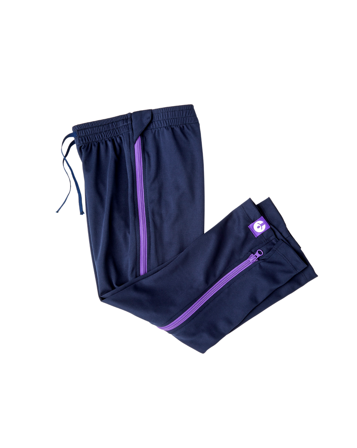 Navy blue pants with purple zippers on a white background