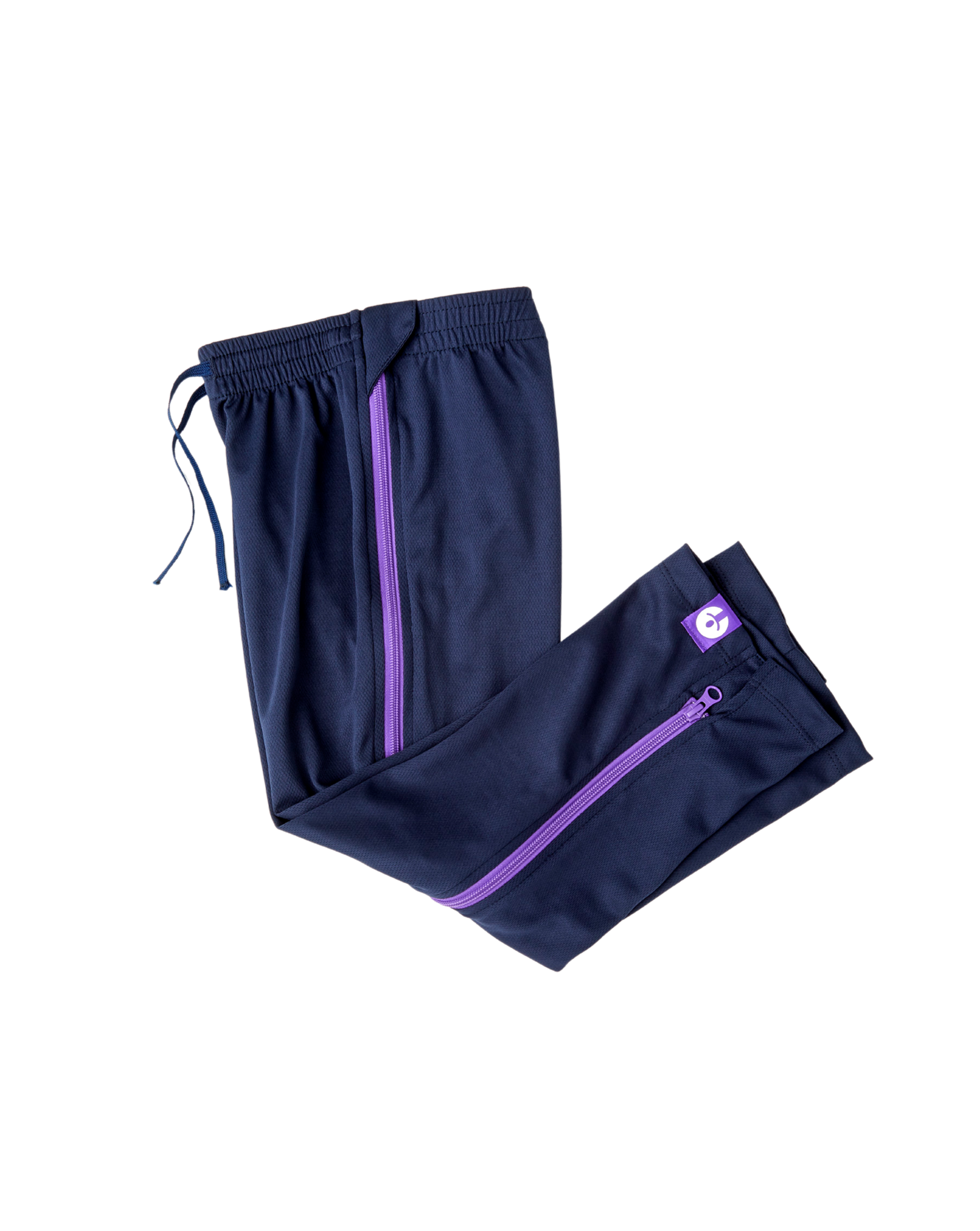 Navy blue pants with purple zippers on a white background