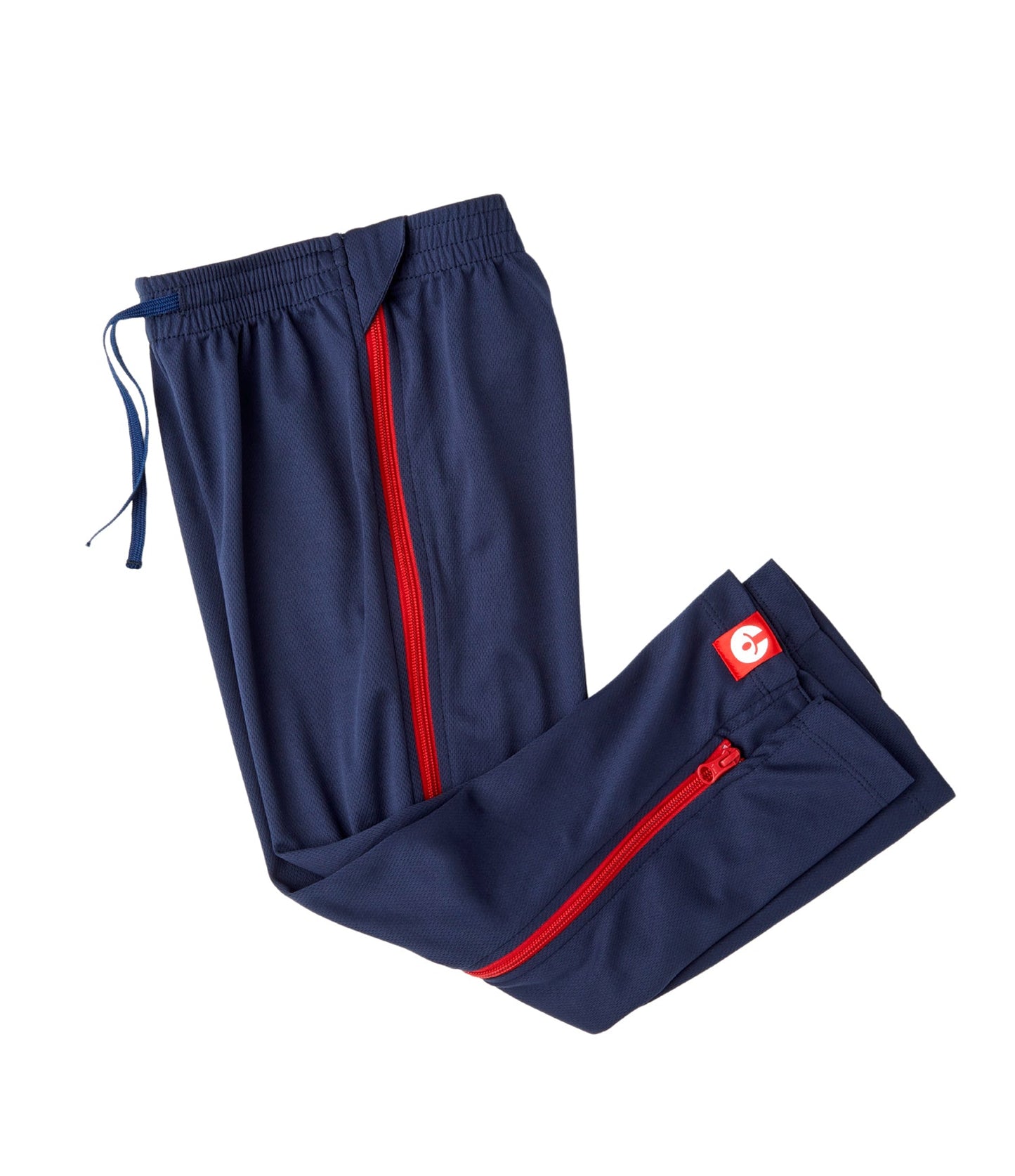 Navy tracksuit with red zippers on a white background