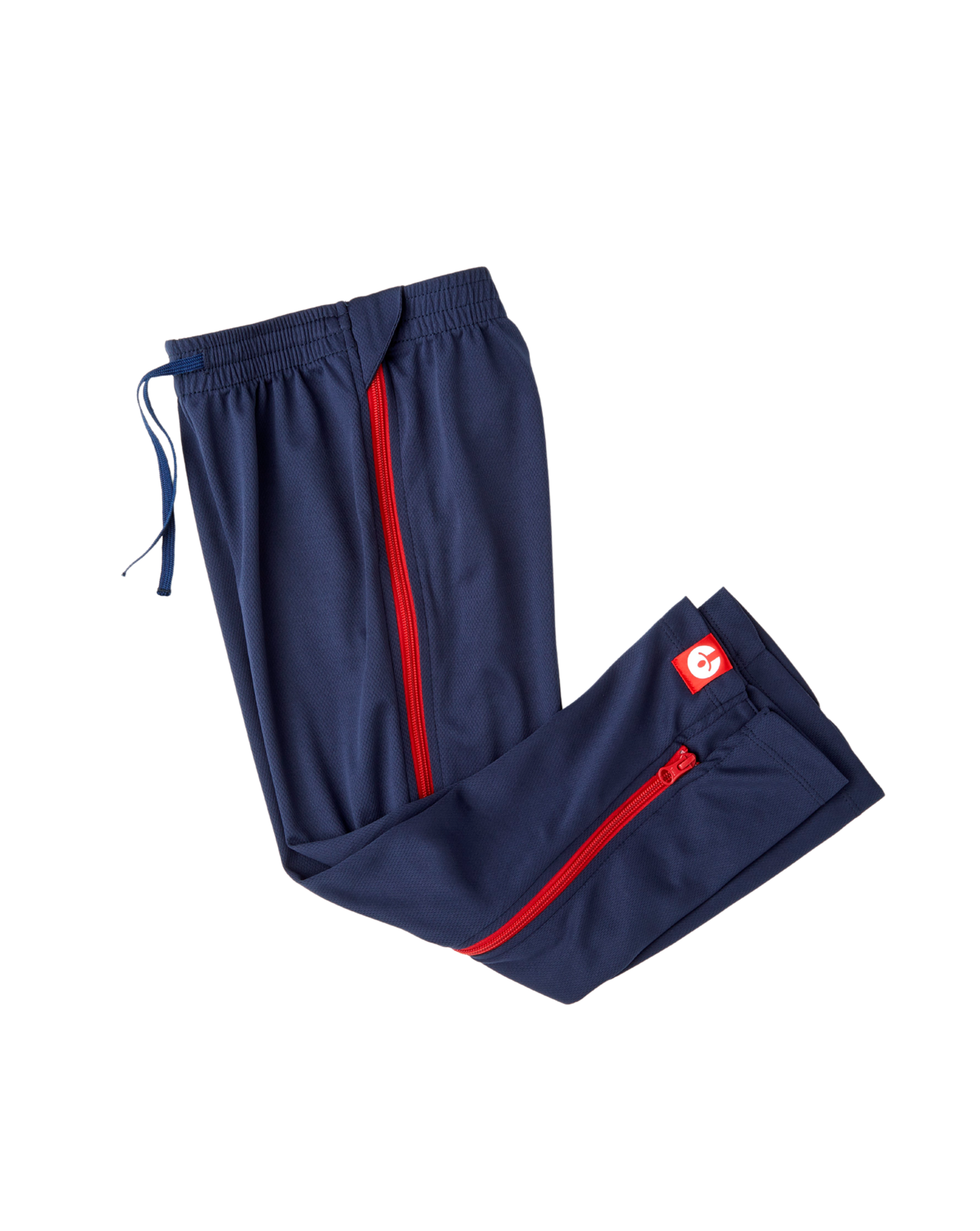 Navy blue tracksuit pants with red zippers on a white background