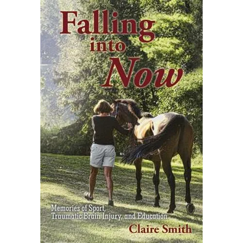 Paperback book cover: red "Falling into Now" title, woman hugging a dog