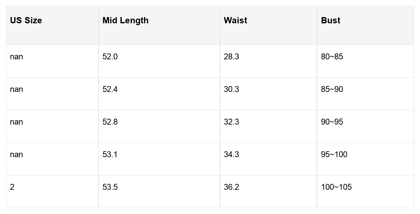 US size chart: mid length 52–53.5, waist 28.3–36.2, bust 80–105