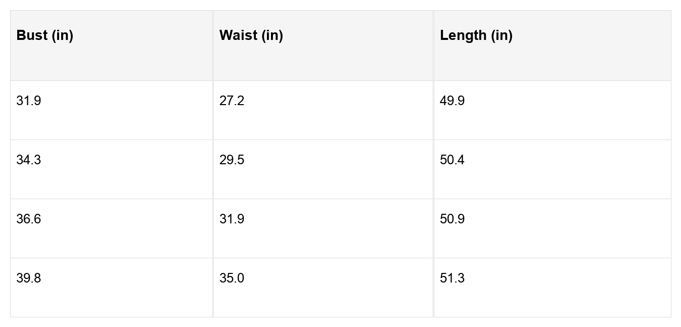 Size chart table: bust, waist, length in inches