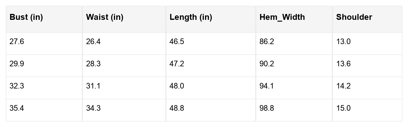 Size chart table with bust, waist, length, hem width, and shoulder in inches