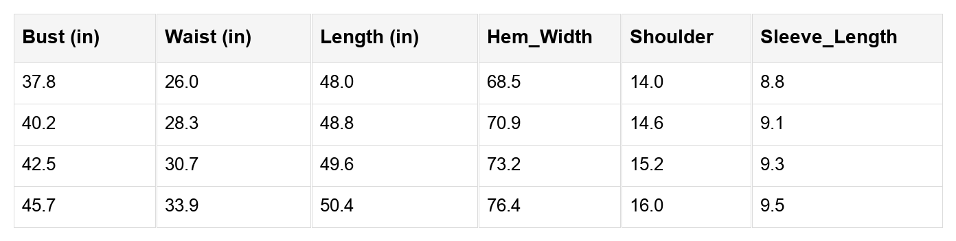Size chart table with bust, waist, length, hem width, shoulder, and sleeve length