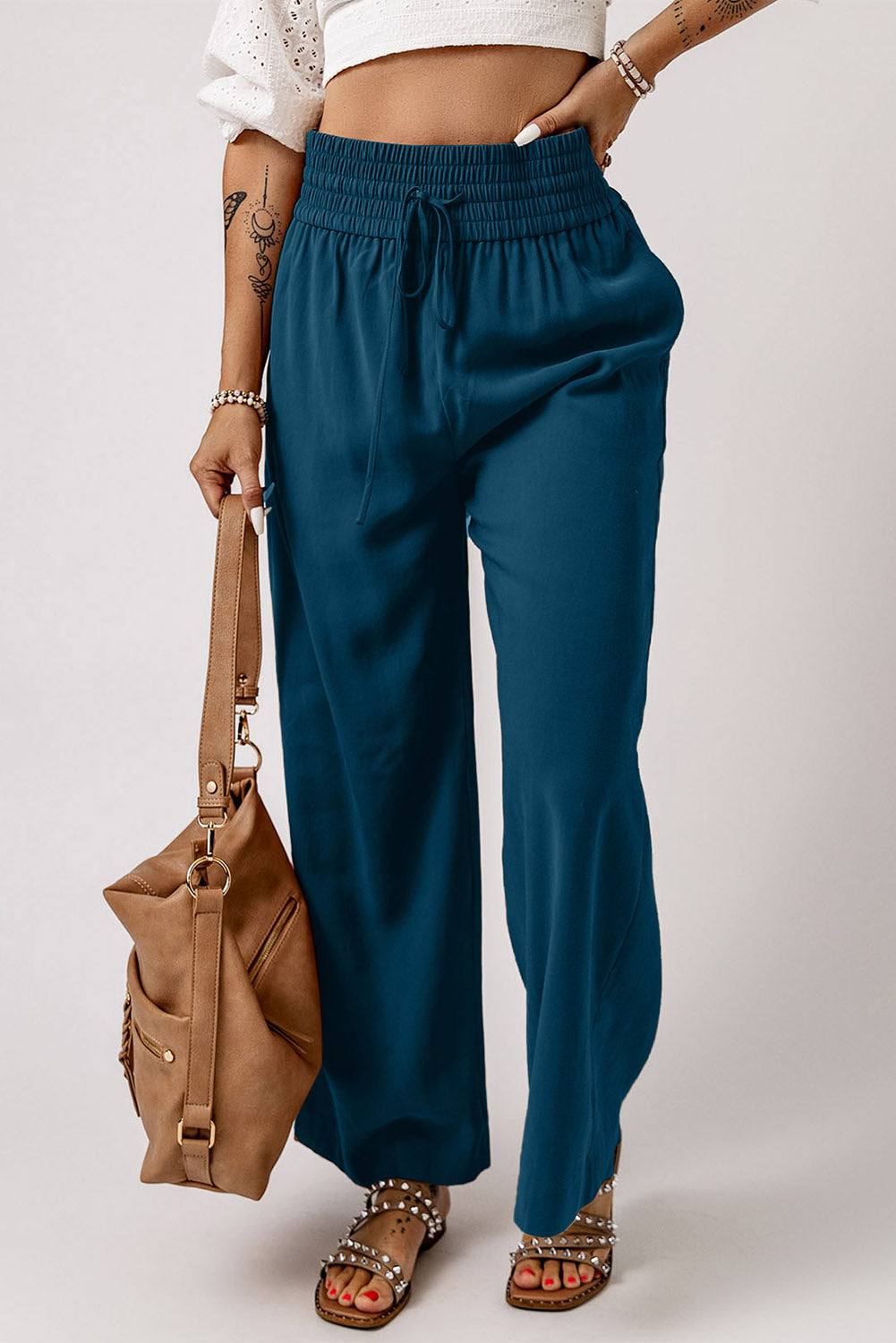 Blue wide-leg casual pants with elastic waist and drawstring tie
