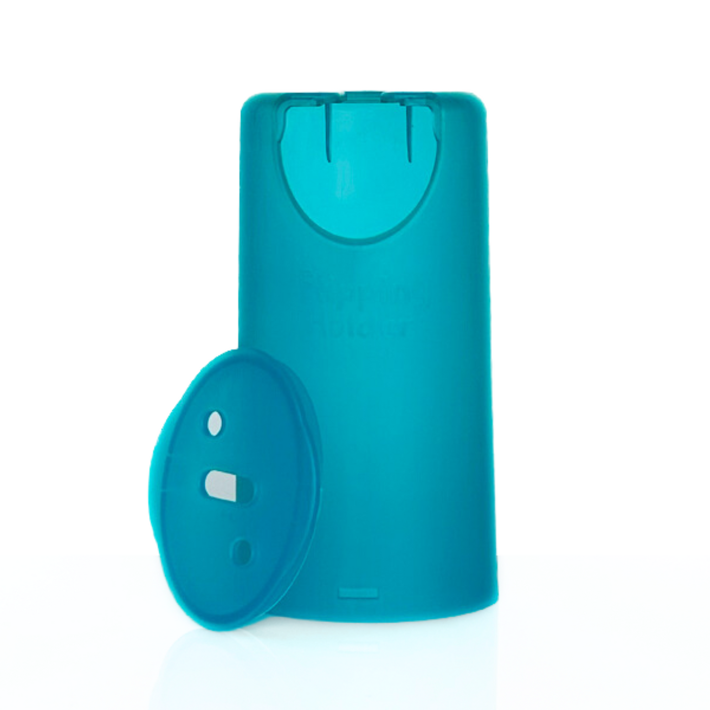 Flipping food pouch and juice box holder, teal plastic with flip-top lid