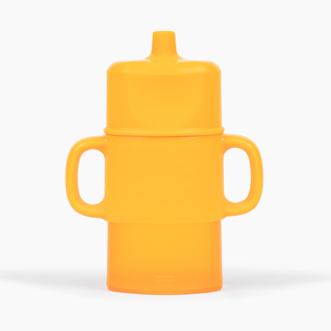 Orange toddler sippy cup with flip top and side handles