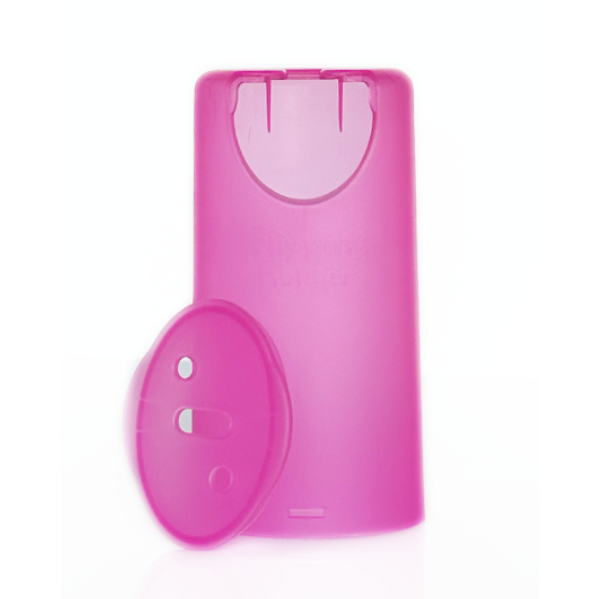 Flipping food pouch and juice box holder, raspberry pink plastic with flip-top lid