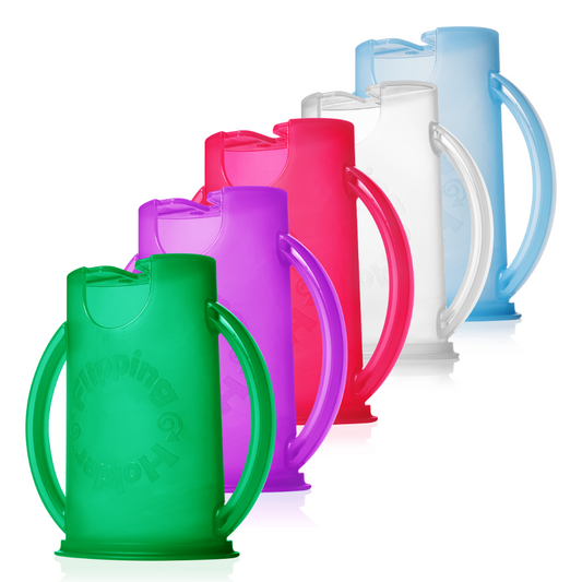 Set of colorful flipping holders for food pouches and juice boxes with handle loops
