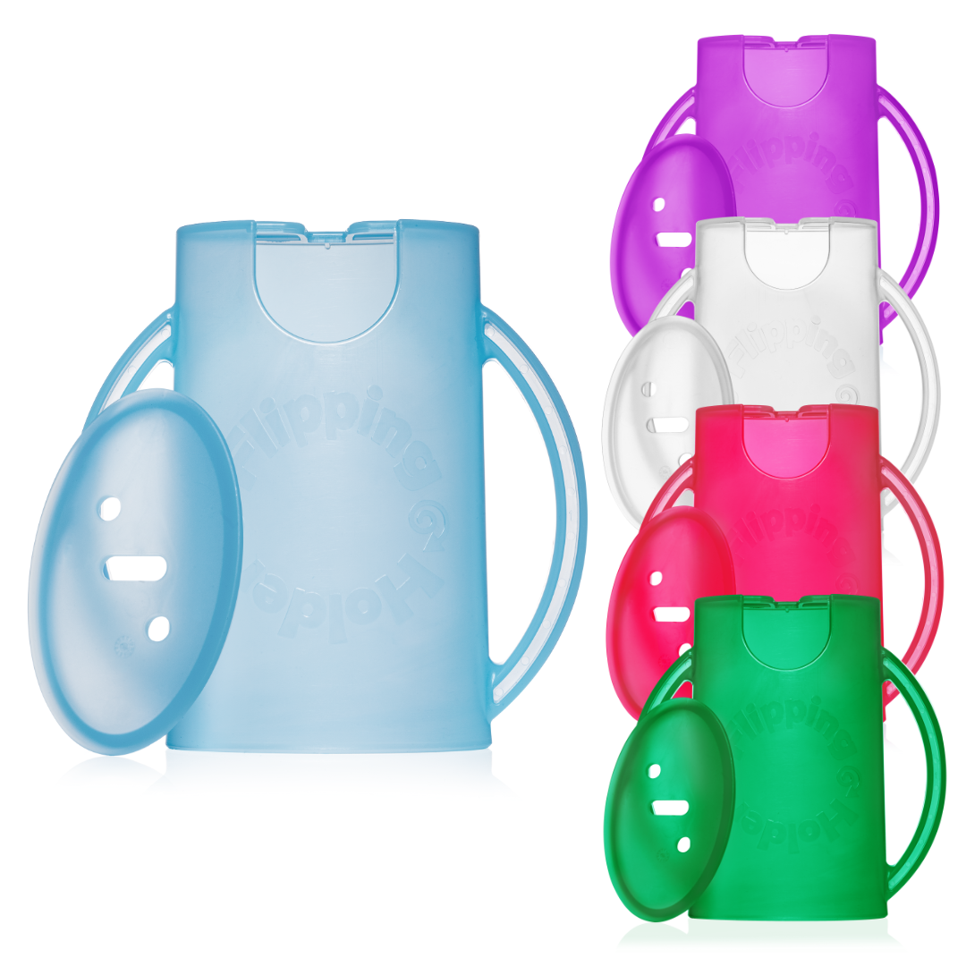 Blue, purple, red, and green flipping holders for food pouches and juice boxes