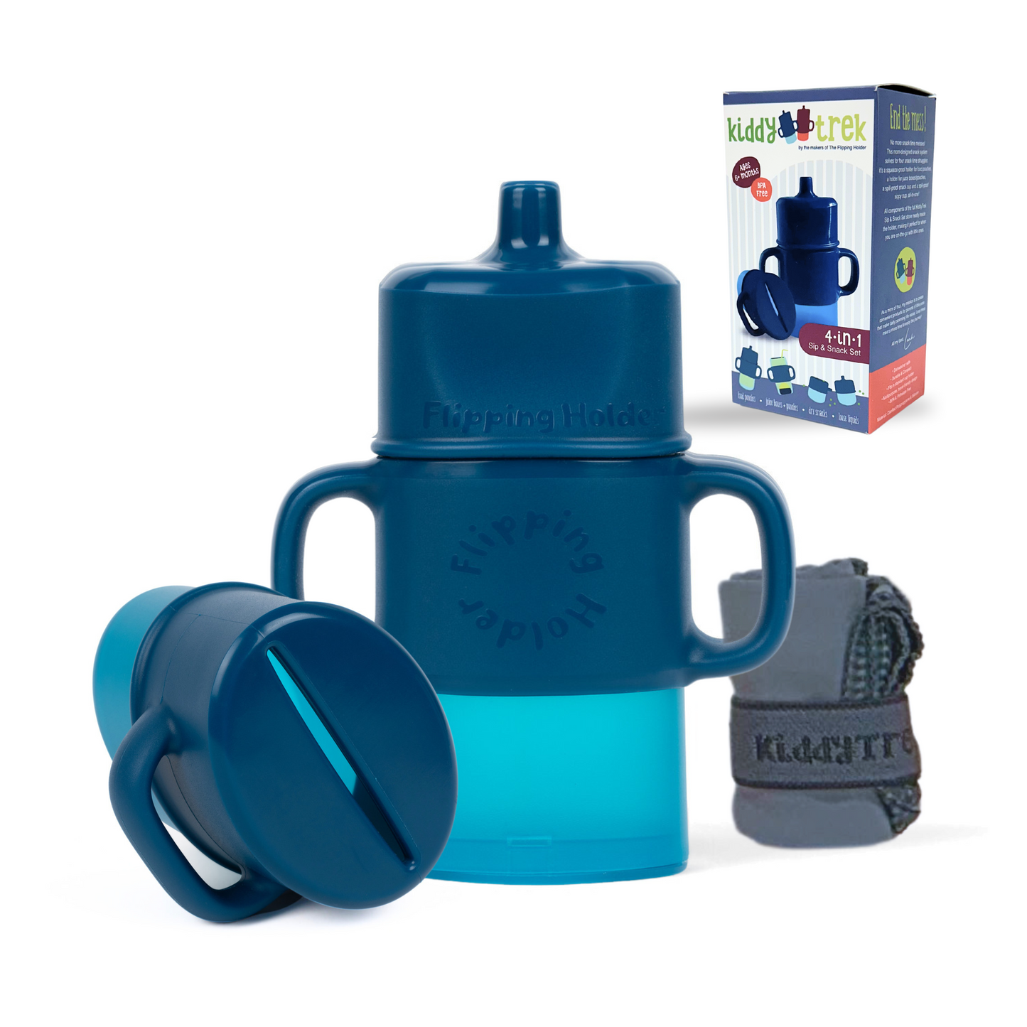 Blue kid snack sip cup holder set with flip spout lid and gray storage pouch
