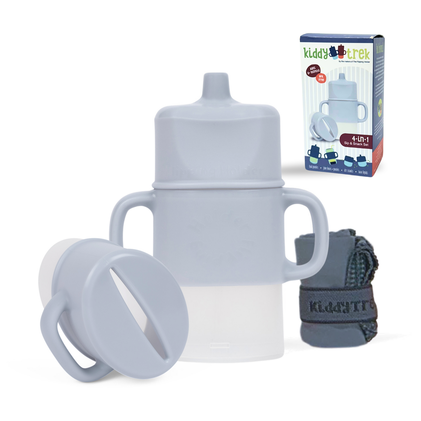 White 4-in-1 sip & snack set with snap lid cup, straw holder, and carrying strap.