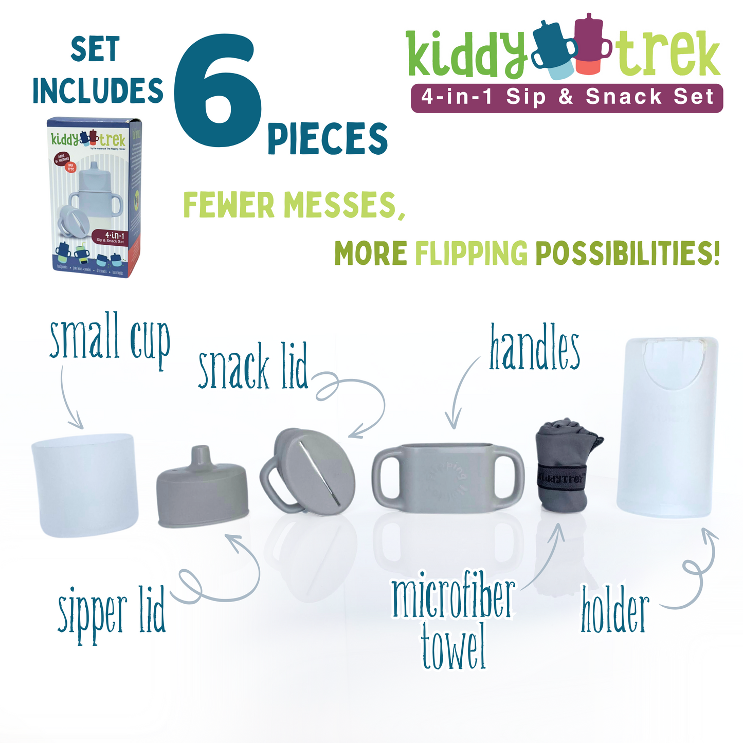 4-in-1 sip and snack set pieces: cups, snack lid, handles, microfiber towel, and holder