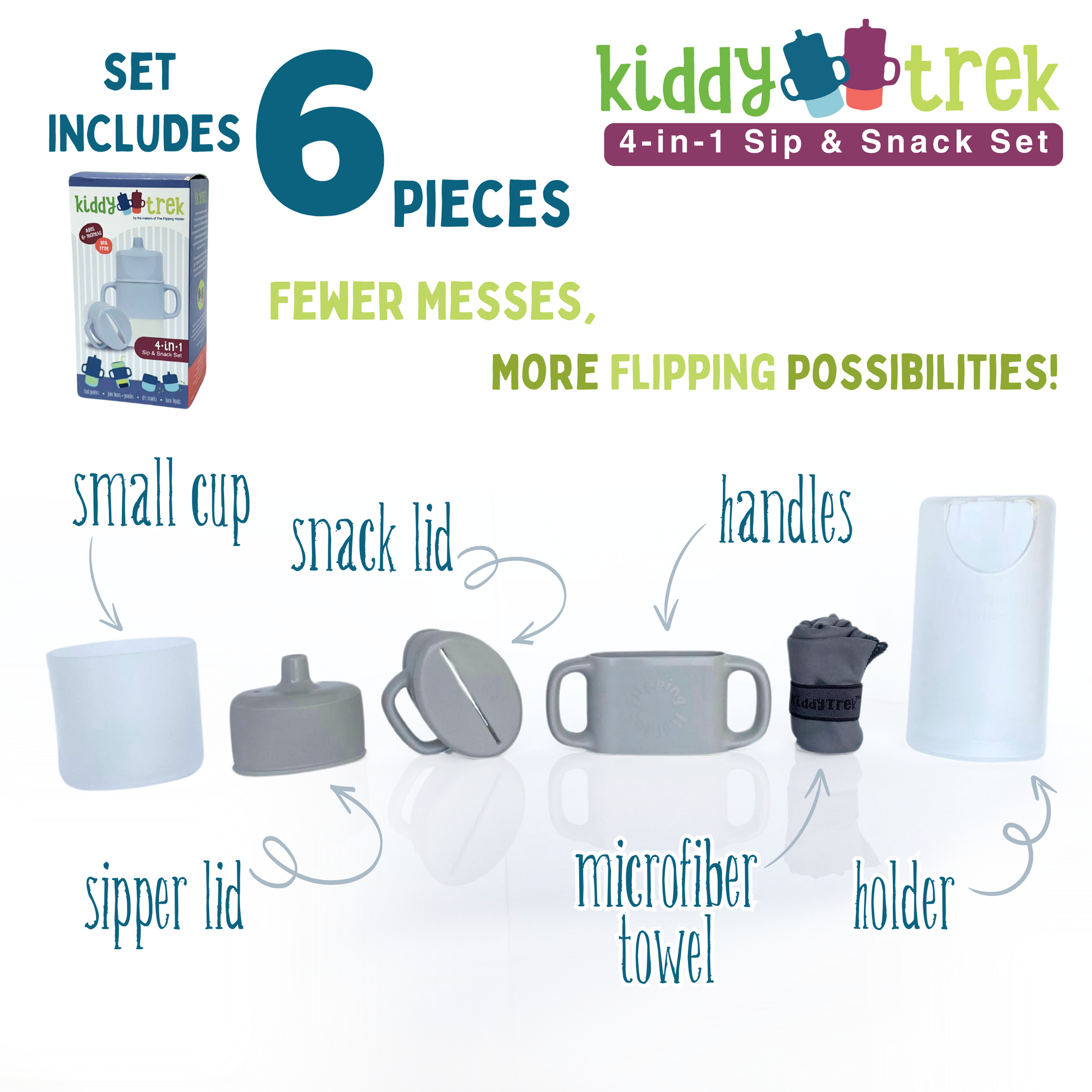 4-in-1 sip and snack set pieces: cups, snack lid, handles, microfiber towel, and holder