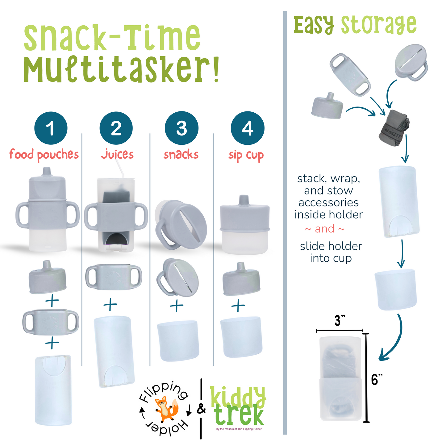 Stacking storage of snack cup set: white food pouches, sippy cup, and lid pieces