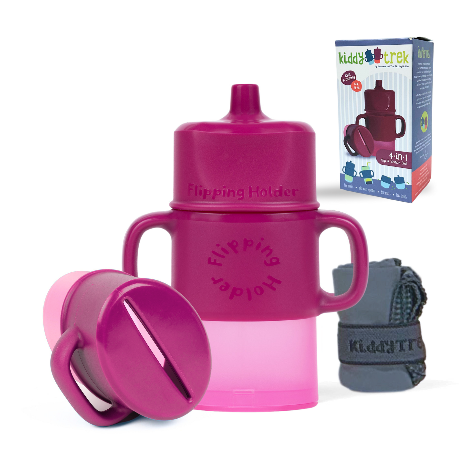 Magenta 4-in-1 sip & snack set with flip-lid cup, straw holder, and carrying strap.