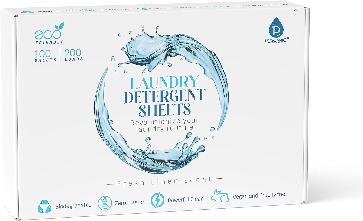 Laundry detergent sheet box with blue water splash graphic and Fresh Linen scent label