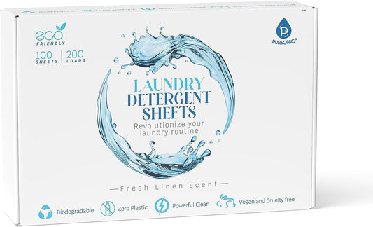 Laundry detergent sheet box with blue water splash graphic and Fresh Linen scent label
