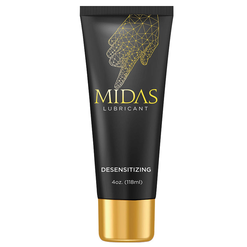 Desensitizing lubricant tube, black with gold cap and Midas branding, 4 oz (118 ml).