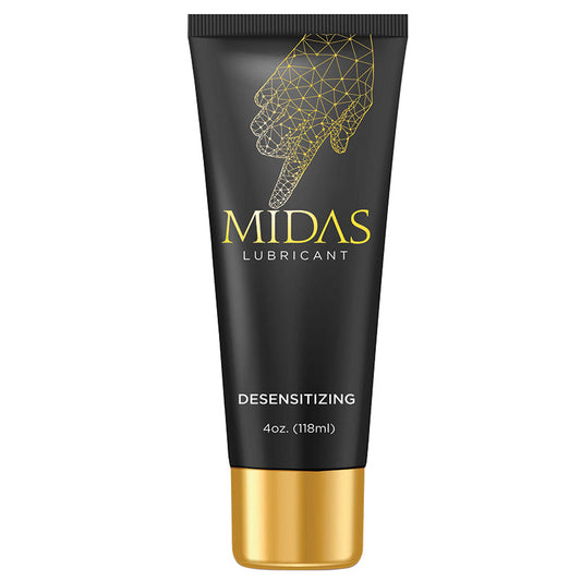 Desensitizing lubricant tube, black with gold cap and Midas branding, 4 oz (118 ml).